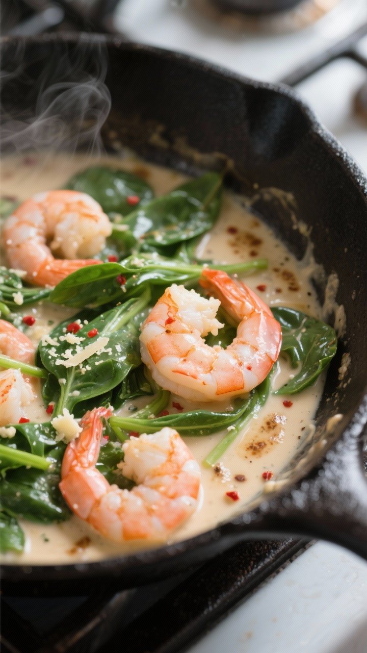 Cooking process, close-up detail: Creamy spinach shrimp simmering in a black cast-iron skillet, shri