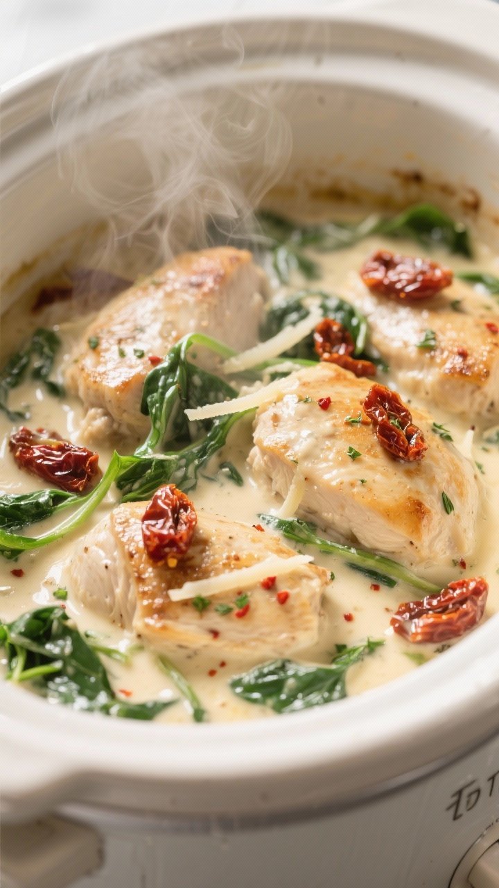 Cooking process, close-up detail: Creamy Tuscan crockpot chicken in the slow cooker just after addin