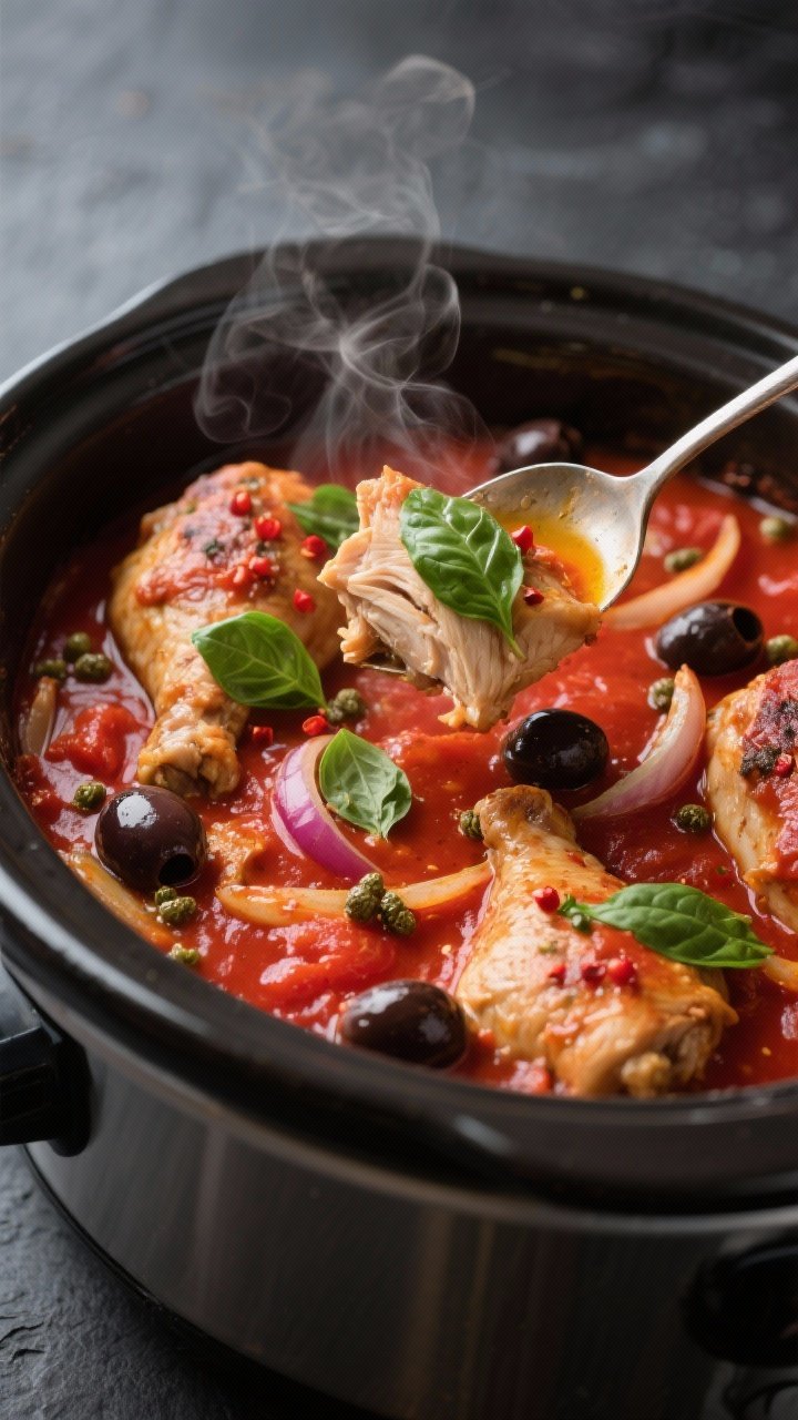 Cooking process, close-up detail: Crockpot Mediterranean Tomato Basil Chicken simmering in a slow co