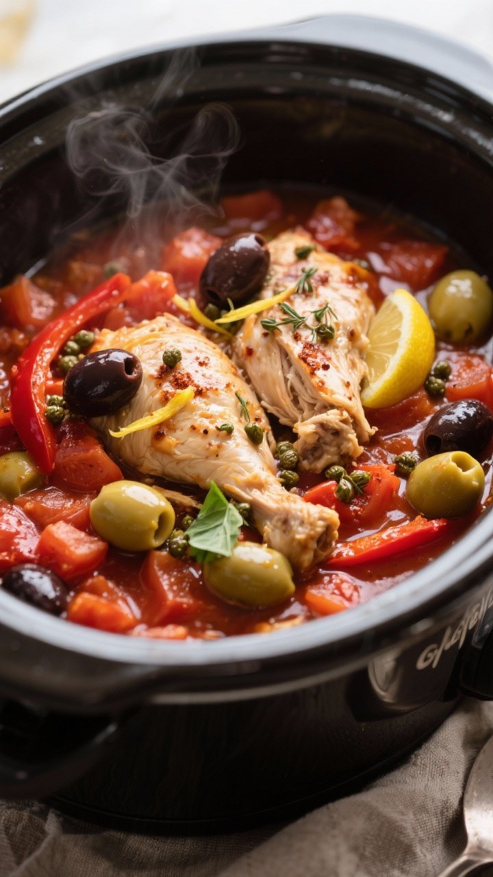 Cooking process, close-up detail: Crockpot Mediterranean Chicken with Olives simmering in a slow coo