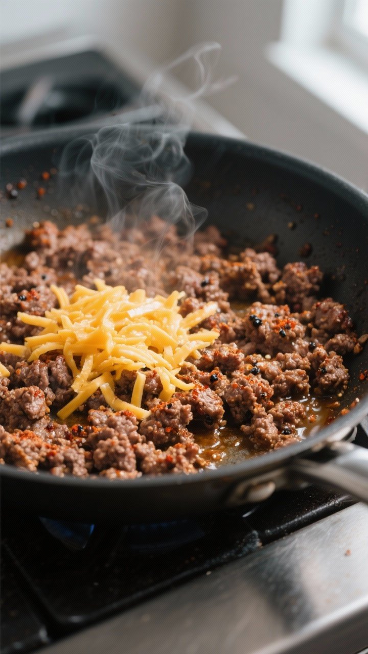 Cooking process, close-up detail: Crumbled seasoned ground beef browning in a large skillet, medium-