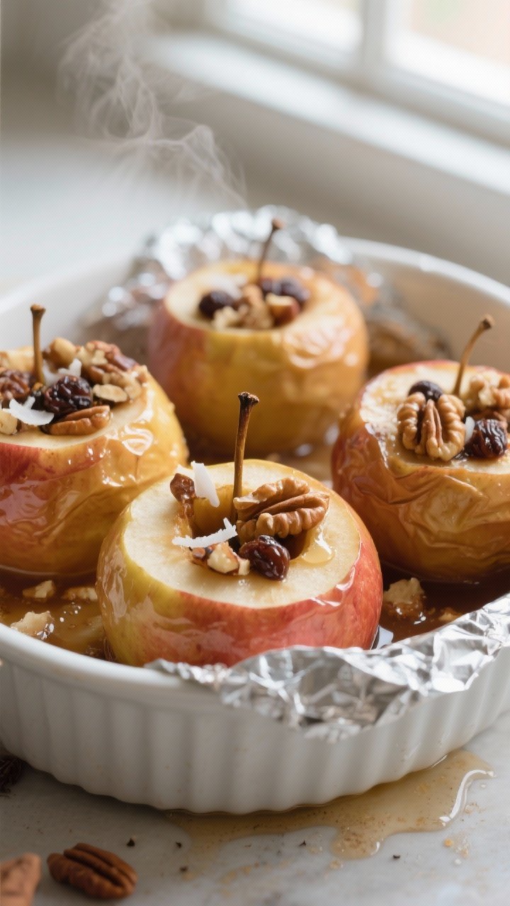 Cooking process, close-up detail: Four cored apples baking in a small white ceramic dish at 375°F, 