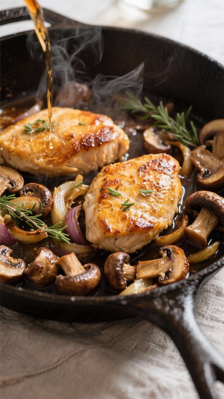 Cooking process, close-up detail: Golden-browned chicken cutlets nestled among deeply caramelized cr