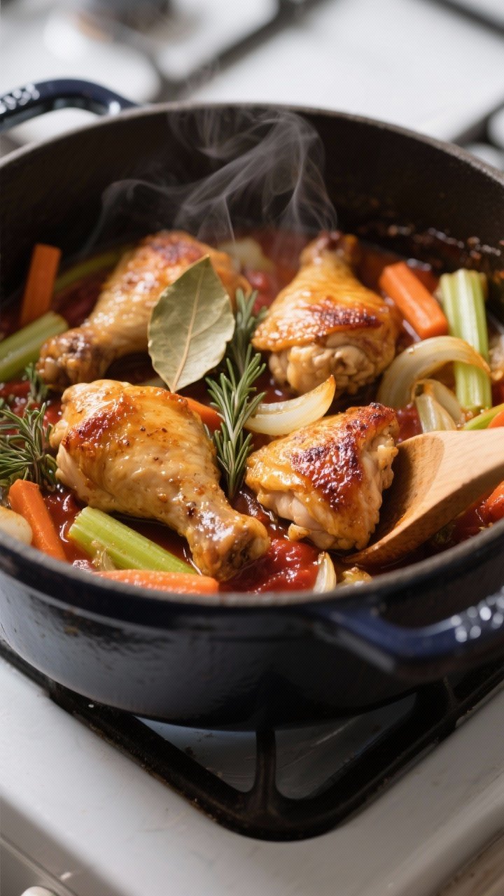 Cooking process, close-up detail: Golden-browned chicken thigh pieces nestled among sautéed onions,