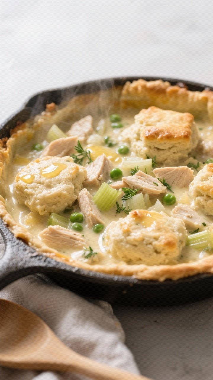 Cooking process, close-up detail: Golden, bubbling low carb chicken pot pie filling in an oven-safe 
