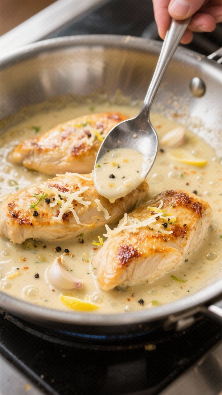 Cooking process, close-up detail: Golden pan-seared chicken breasts simmering in a silky garlic-parm