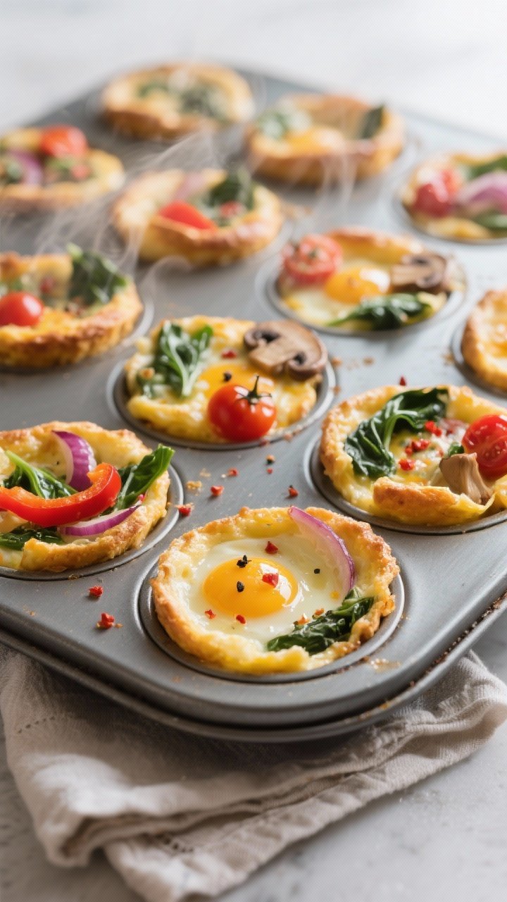 Cooking process, close-up detail: Golden, puffed veggie-packed egg muffin cups just out of the oven 