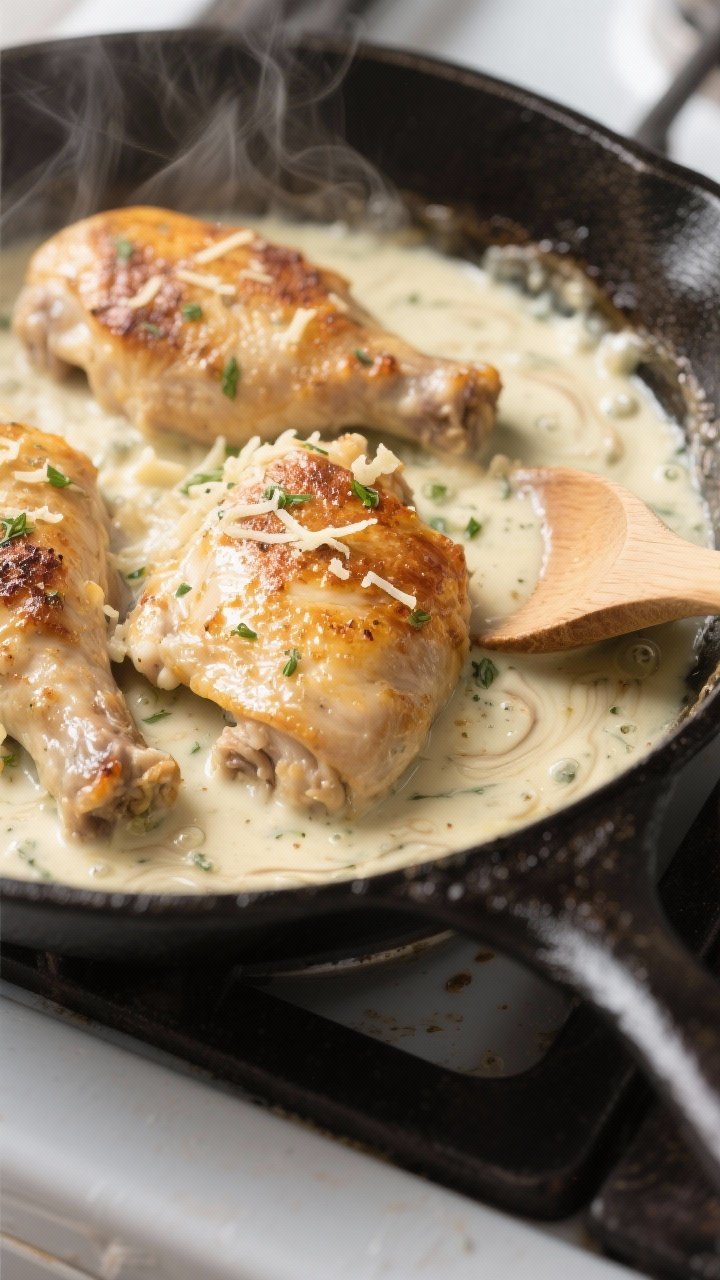 Cooking process, close-up detail: Golden-seared boneless chicken thighs nestled in a skillet of silk