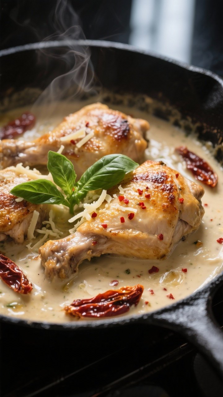 Cooking process, close-up detail: Golden-seared boneless chicken thighs nestled back into a bubbling