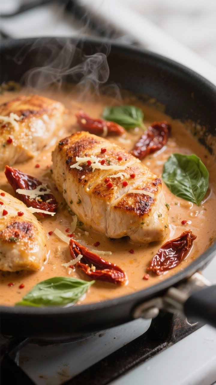 Cooking process, close-up detail: Golden-seared chicken breasts nestled in a skillet of silky, simme