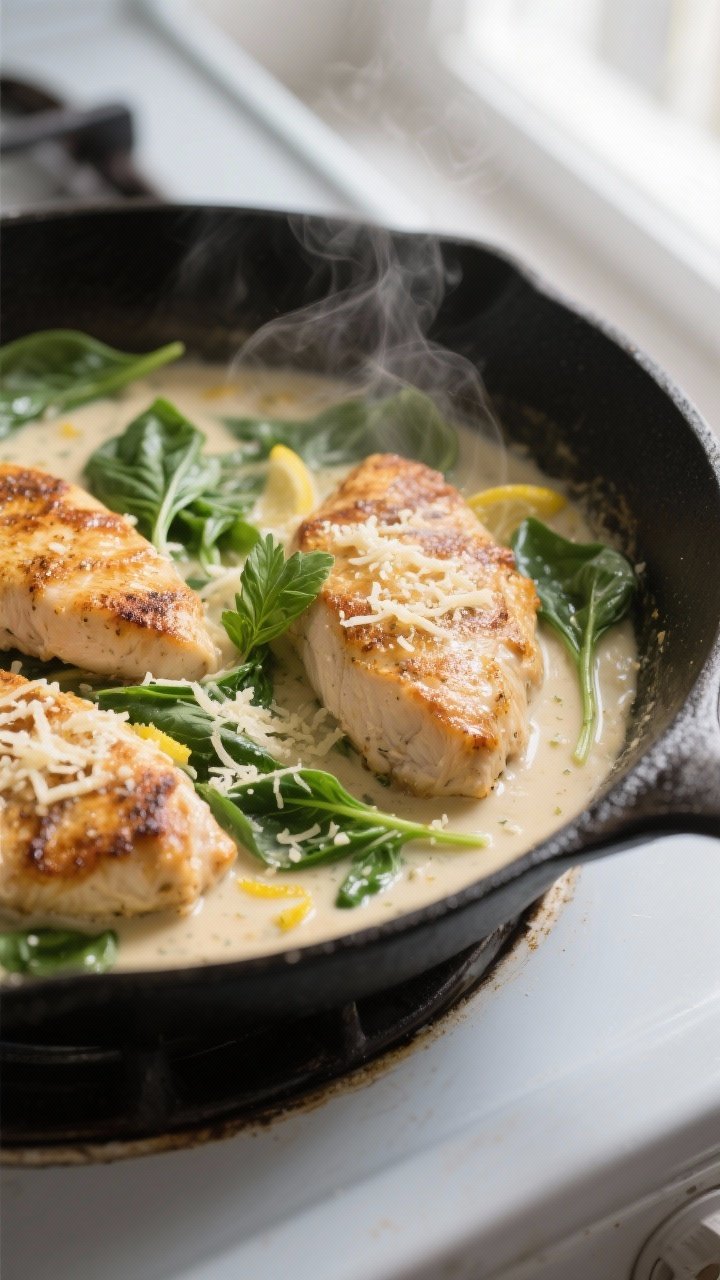 Cooking process, close-up detail: Golden-seared chicken cutlets simmering in a skillet of creamy Par