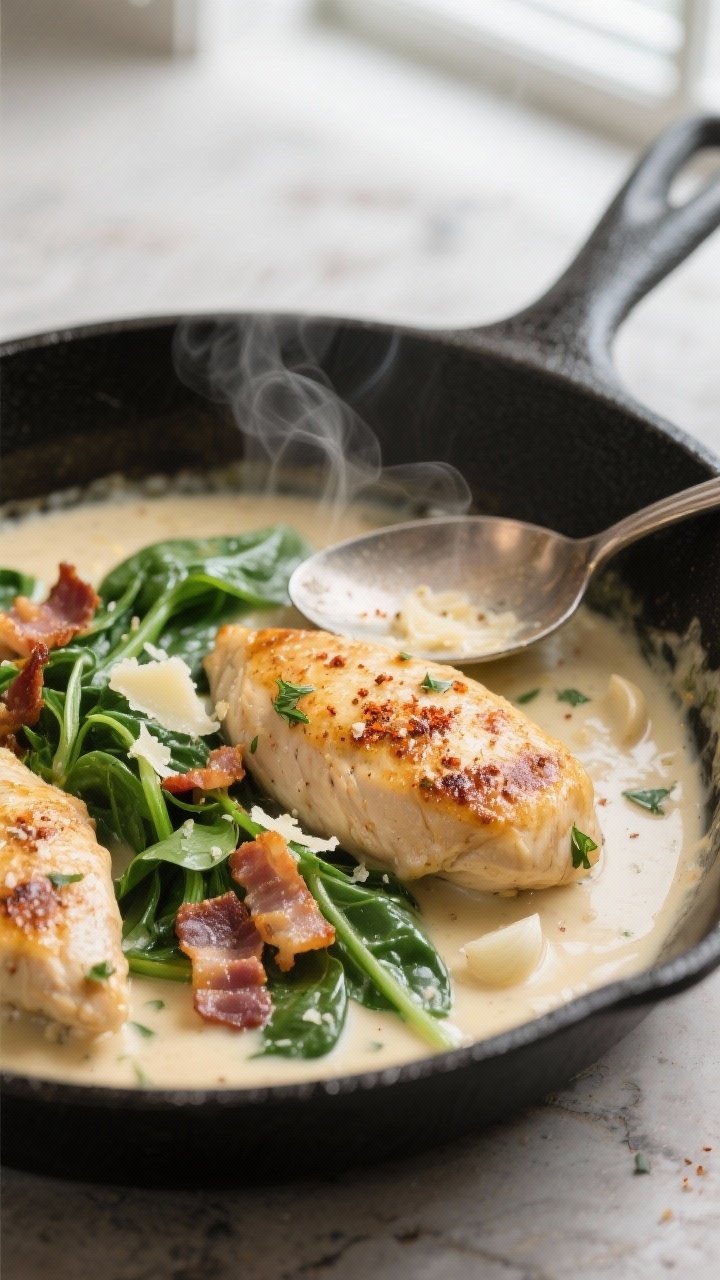 Cooking process, close-up detail: Golden-seared chicken breasts simmering in a silky cream sauce in 