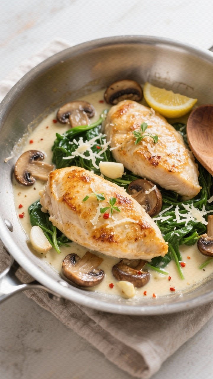 Cooking process, close-up detail: Golden-seared chicken cutlets nestled in a wide stainless steel sk