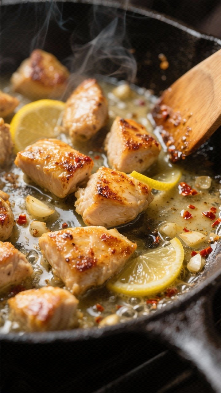 Cooking process, close-up detail: Golden-seared garlic lemon butter chicken bites sizzling in a dark