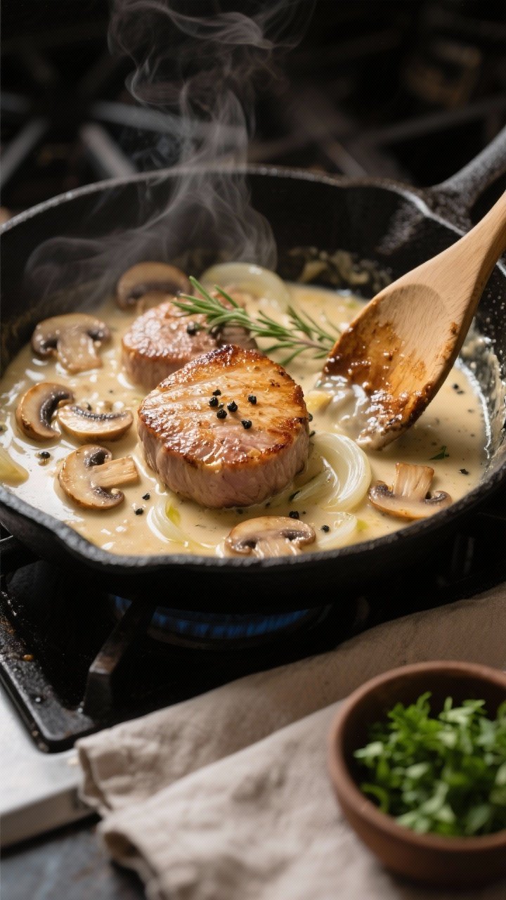 Cooking process, close-up detail: Golden-seared pork medallions nestled in a bubbling creamy mushroo