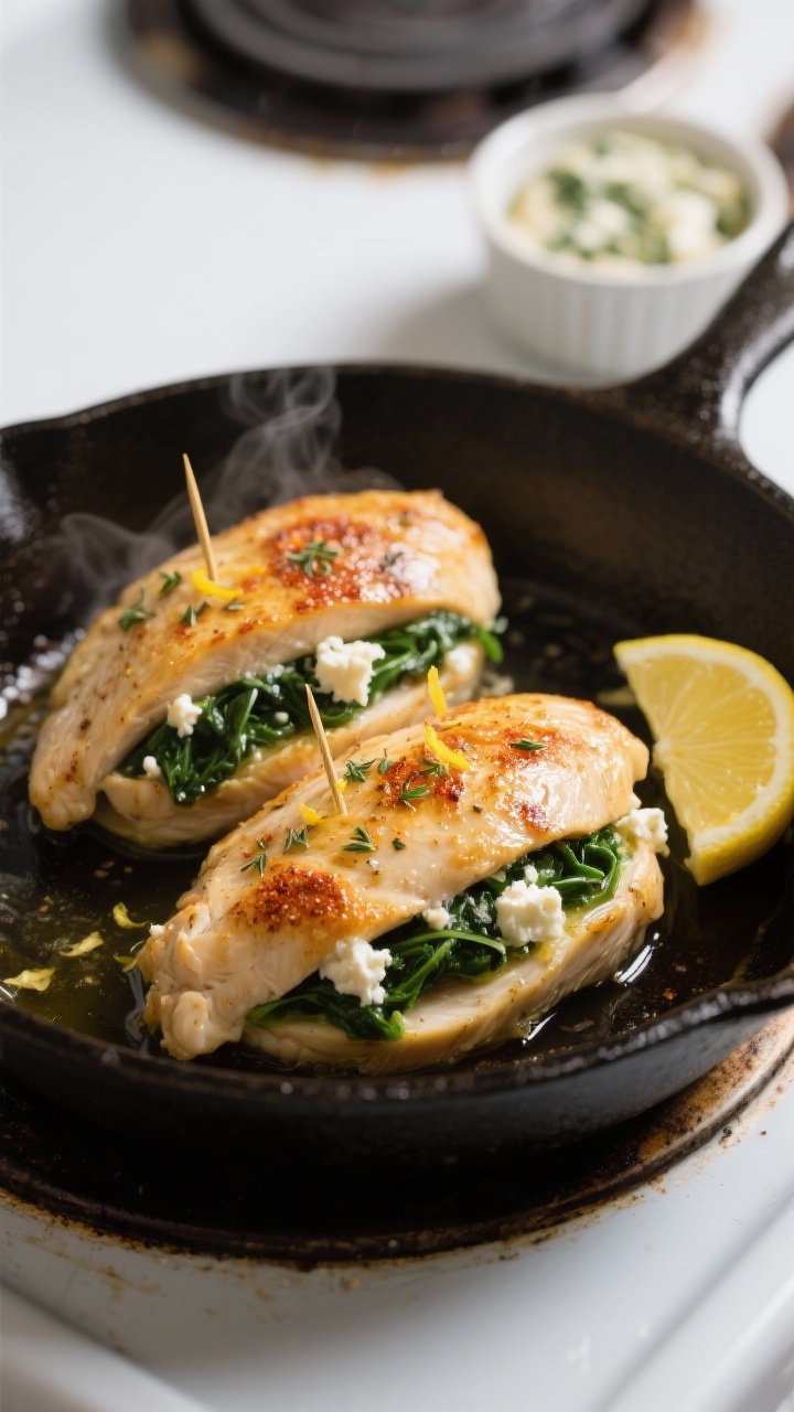 Cooking process, close-up detail: Golden-seared spinach and feta stuffed chicken breasts in an oven-