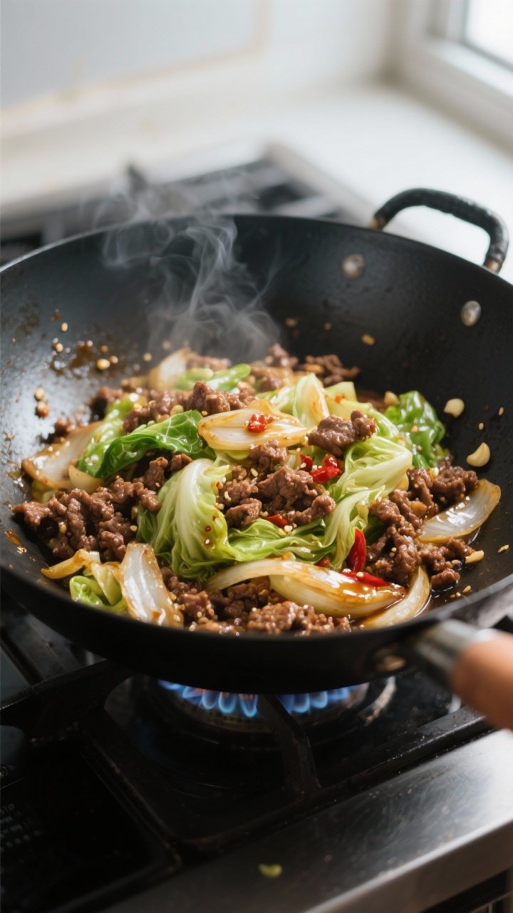 Cooking process, close-up detail: Ground beef and cabbage stir fry sizzling in a large black wok ove