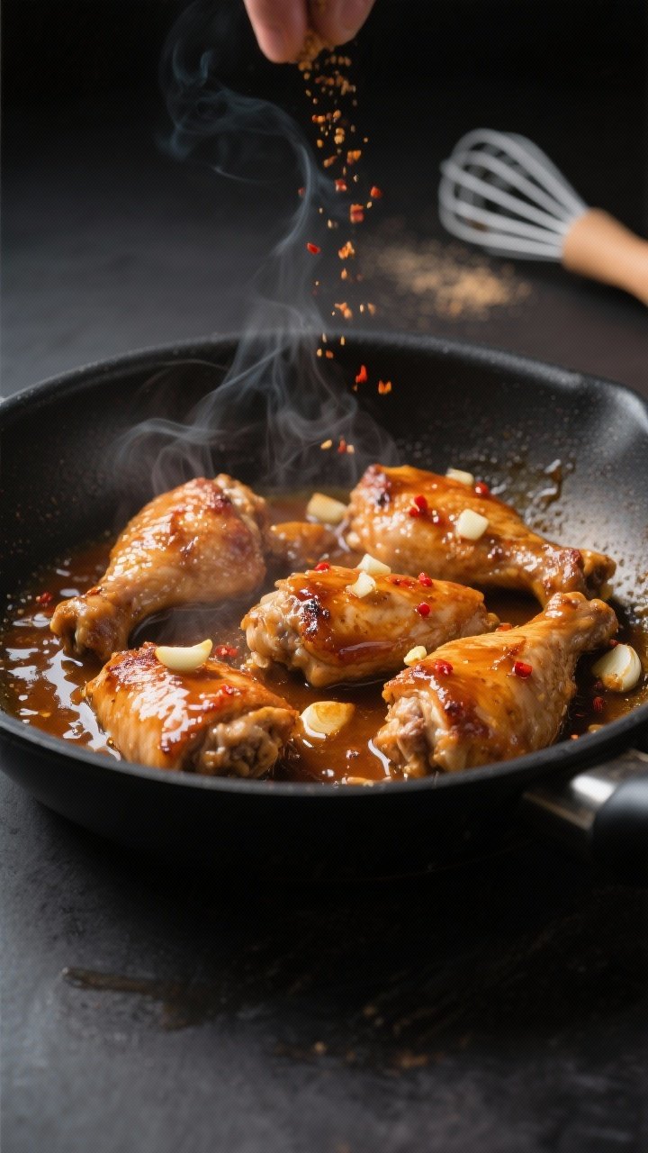 Cooking process, close-up detail: Honey garlic chicken pieces searing in a large black skillet, mid-