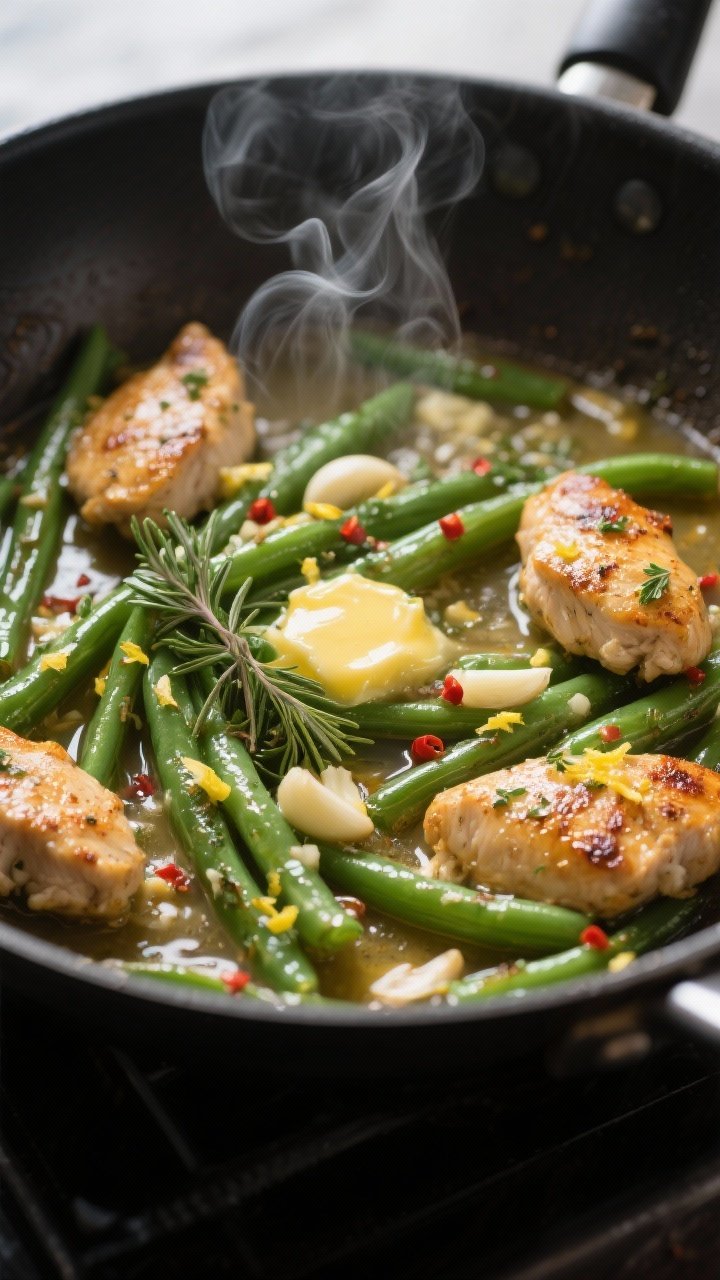 Cooking process, close-up detail: In-skillet Garlic Herb Chicken & Green Beans mid-cook, —golden, 