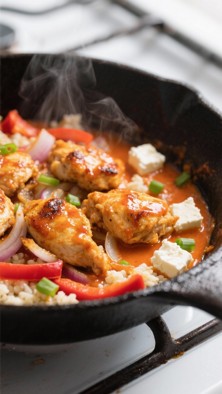 Cooking process, close-up detail: In-skillet low carb Buffalo chicken mid-cook, golden-browned chick