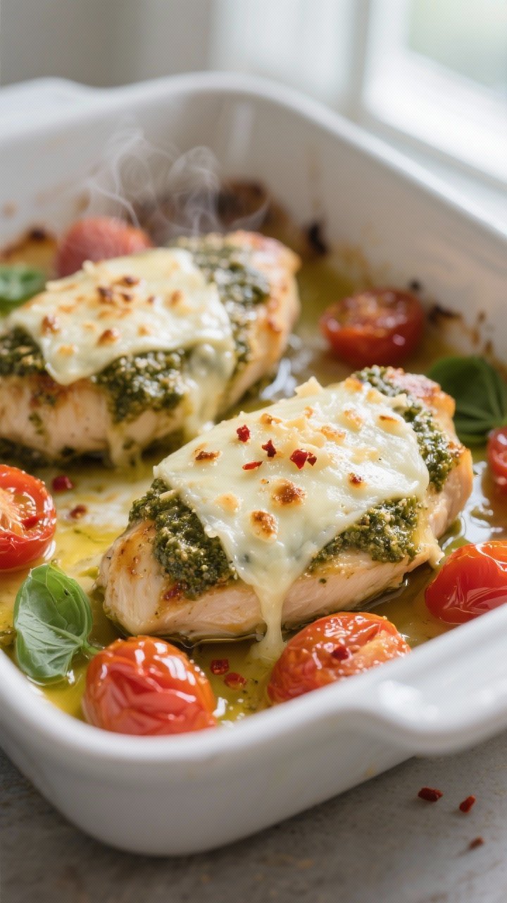 Cooking process, close-up detail: Juicy baked pesto chicken breasts just out of the oven at 400°F, 