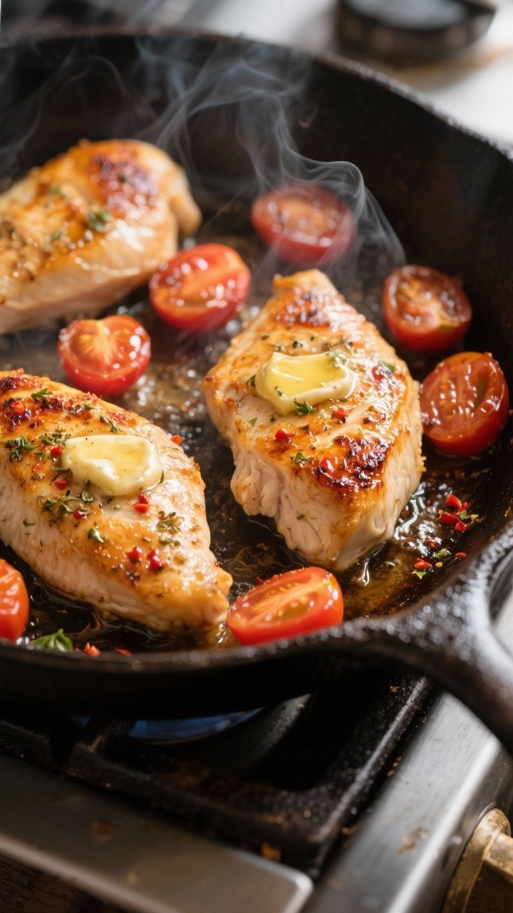 Cooking process, close-up detail: Juicy chicken breasts sizzling in a cast-iron skillet, golden-brow