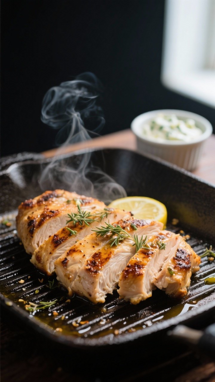 Cooking process, close-up detail: Juicy Greek lemon-garlic chicken just off the grill pan, sliced th