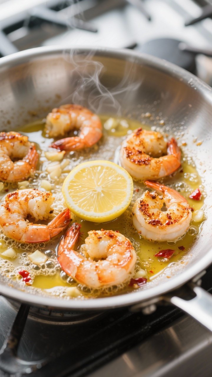 Cooking process, close-up detail: Medium-close shot of shrimp sizzling in a stainless steel skillet,