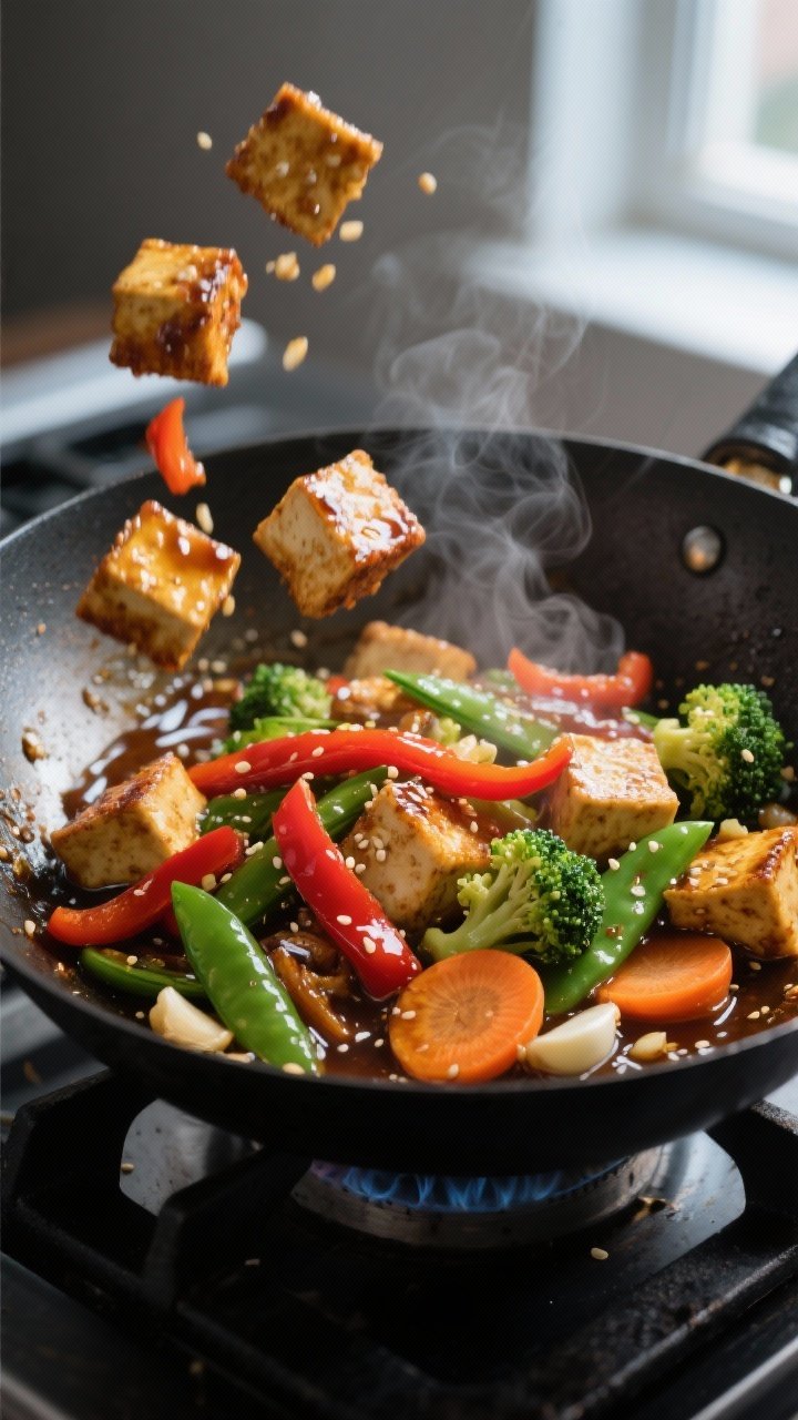 Cooking process, close-up detail: Pan-fried teriyaki tofu cubes being tossed back into a glossy, thi