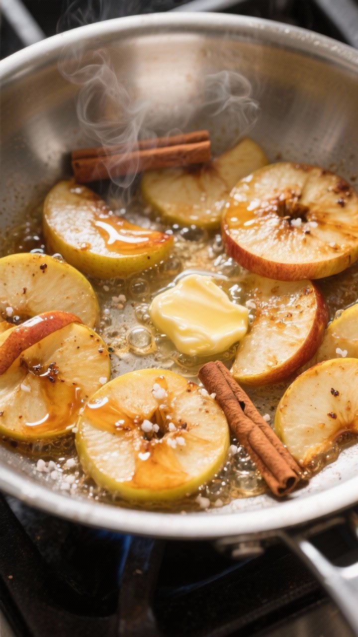 Cooking process, close-up detail: Sautéed cinnamon apples sizzling in a wide stainless-steel skille