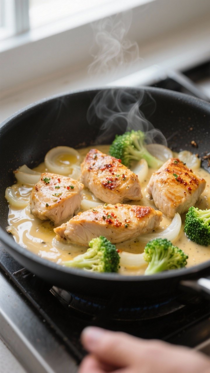 Cooking process, close-up detail: Searing bite-size chicken pieces in a large black skillet, golden-