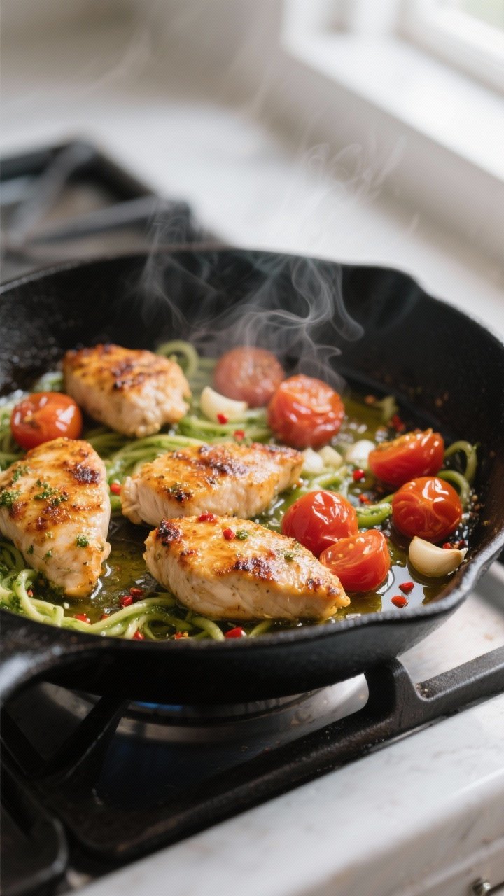 Cooking process, close-up detail: Searing chicken bites for Chicken Pesto Zoodle Bowls in a large bl