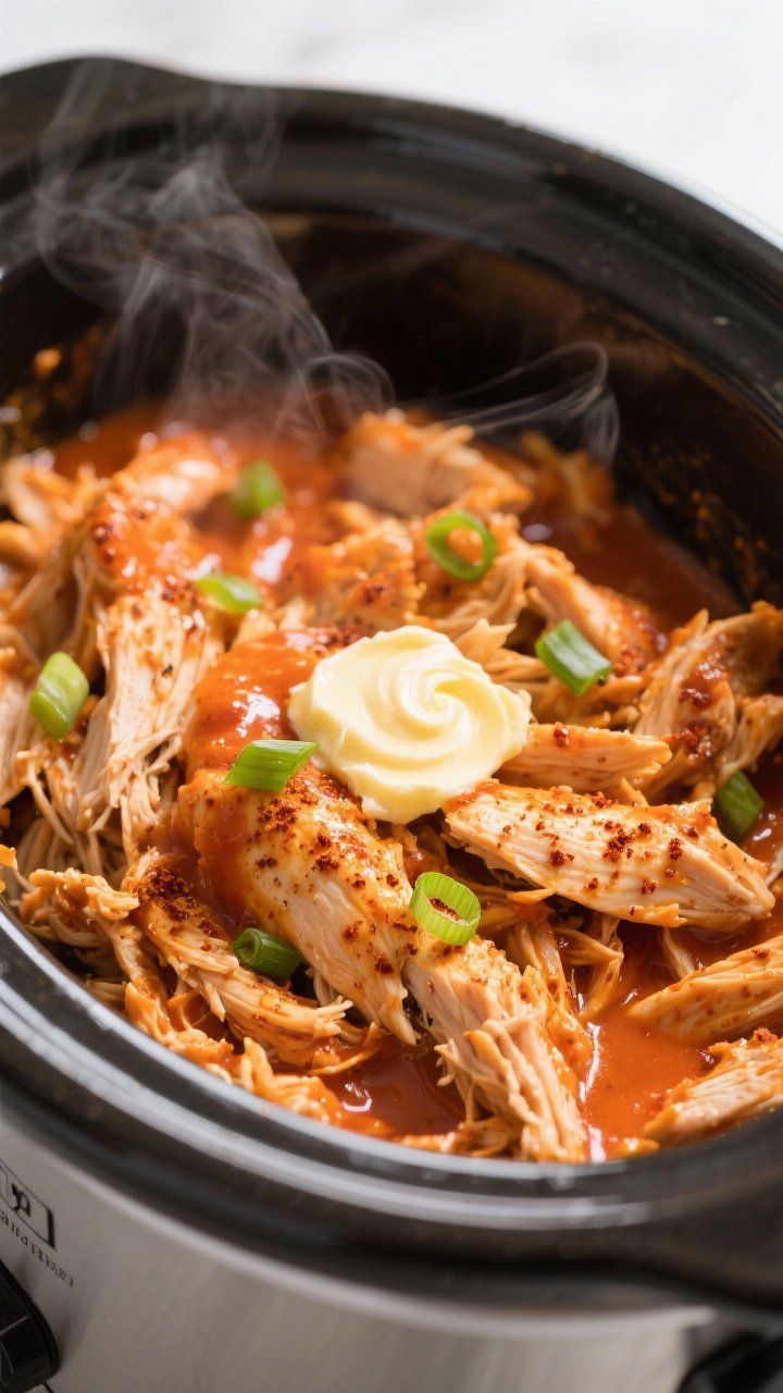 Cooking process, close-up detail: Shredded buffalo chicken in a crockpot just after pulling, steam v
