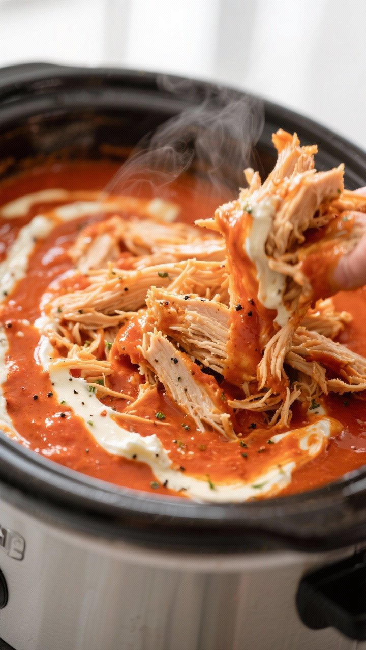 Cooking process, close-up detail: Shredded Buffalo chicken being folded back into a glossy, orange-r