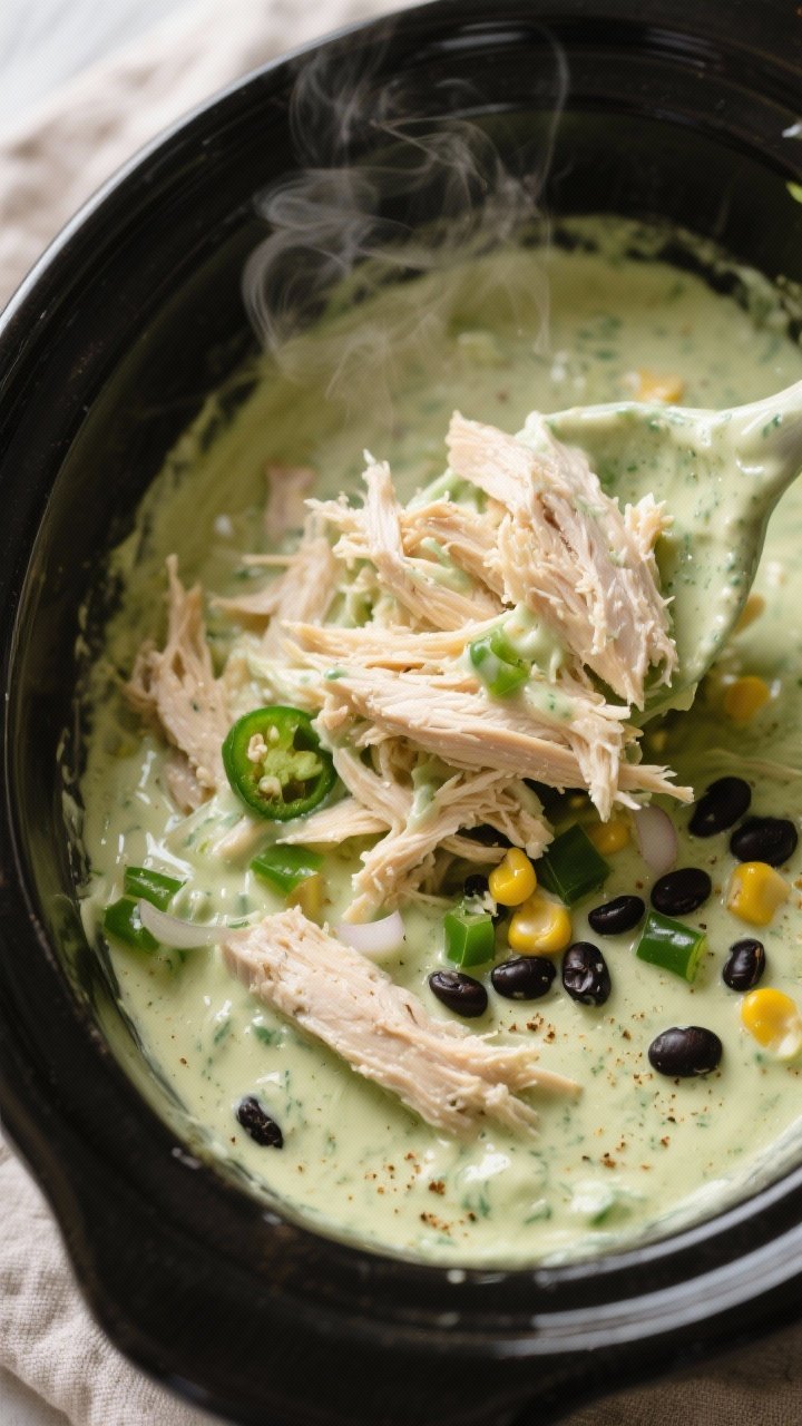 Cooking process, close-up detail: Shredded green chile chicken in a slow cooker being folded back in
