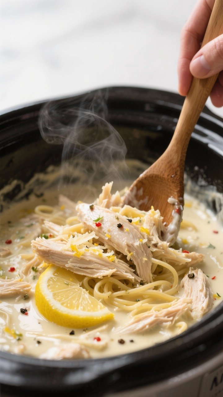 Cooking process, close-up detail: Shredded slow-cooker lemon garlic chicken being folded back into a