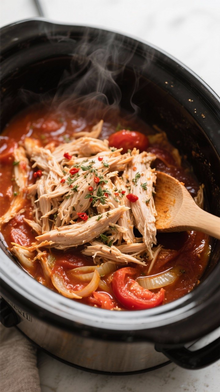 Cooking process, close-up detail: Shredded slow-cooker Italian chicken being folded back into a glos