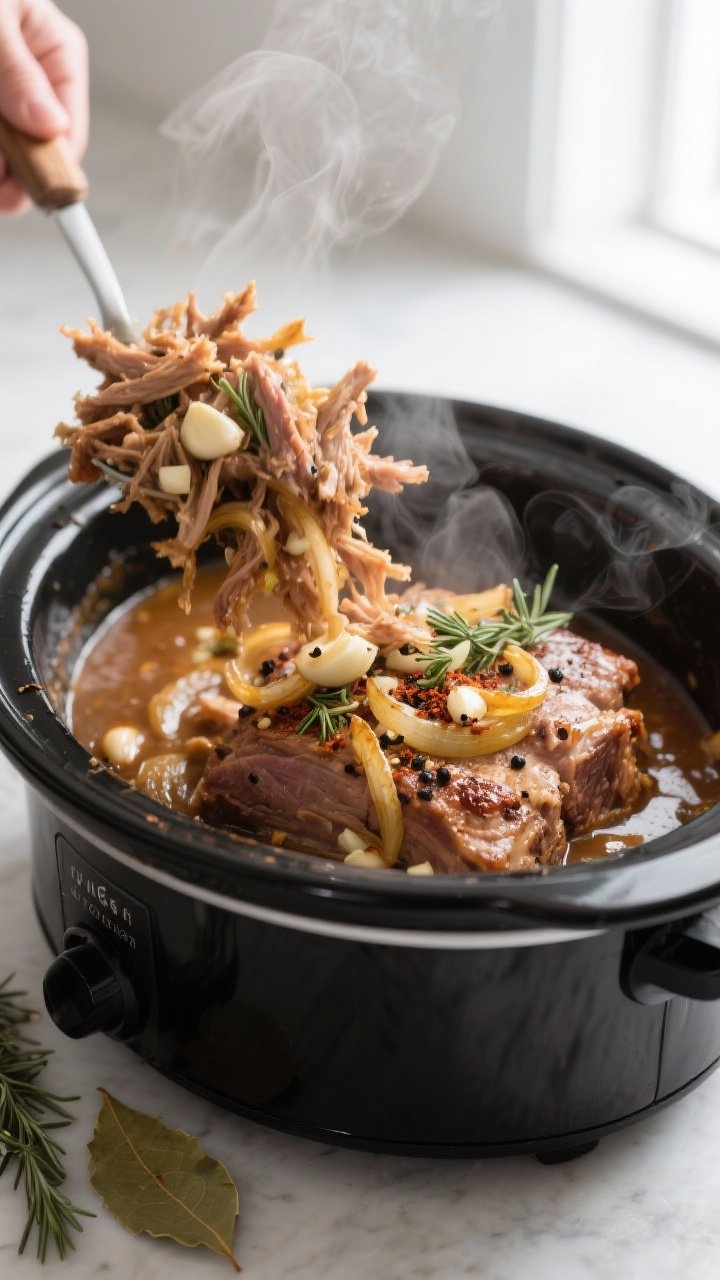 Cooking process, close-up detail: Shredded slow-cooked garlic pork shoulder being tossed back into i