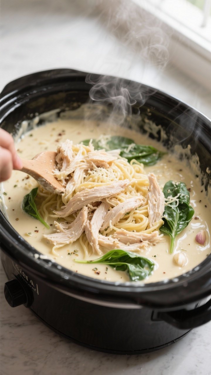 Cooking process, close-up detail: Shredded slow-cooked chicken being folded back into a glossy Alfre