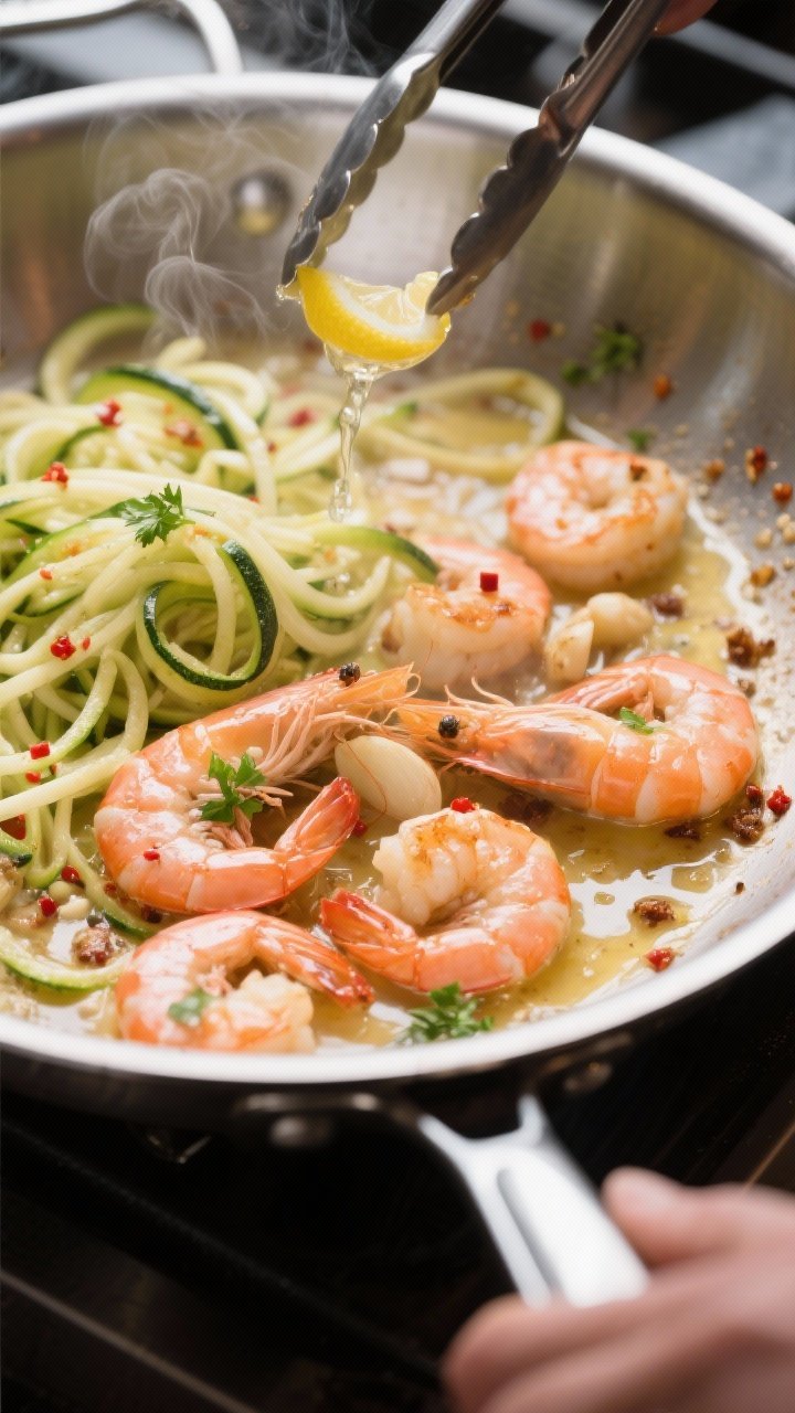Cooking process, close-up detail: Shrimp scampi in a large stainless steel skillet mid-cook, showing