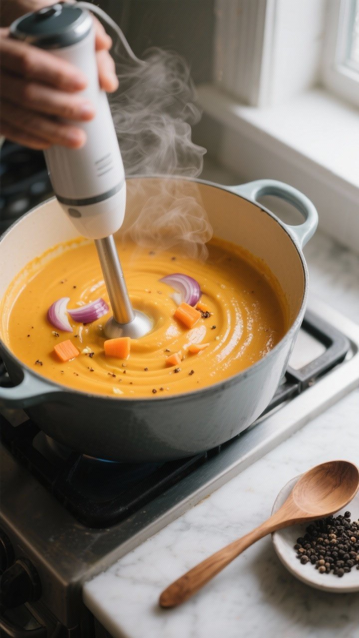 Cooking process, close-up detail: Silky butternut squash soup being blended directly in a Dutch oven
