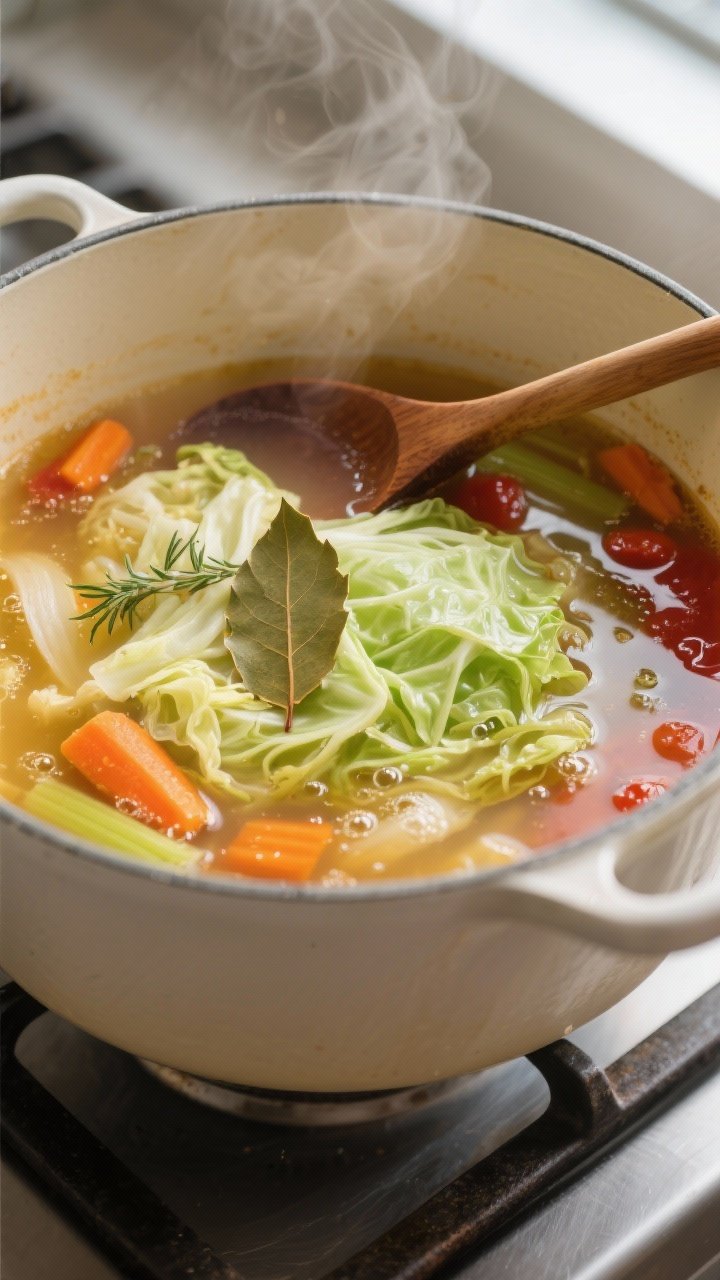 Cooking process, close-up detail: Silky cabbage soup simmering in a wide, enamel Dutch oven, close-u