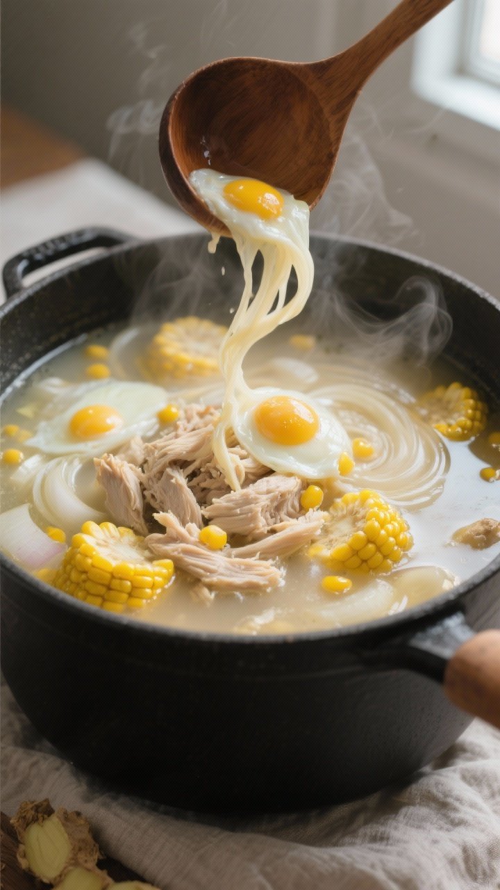 Cooking process, close-up detail: Silky egg ribbons streaming into a gently simmering chicken and co