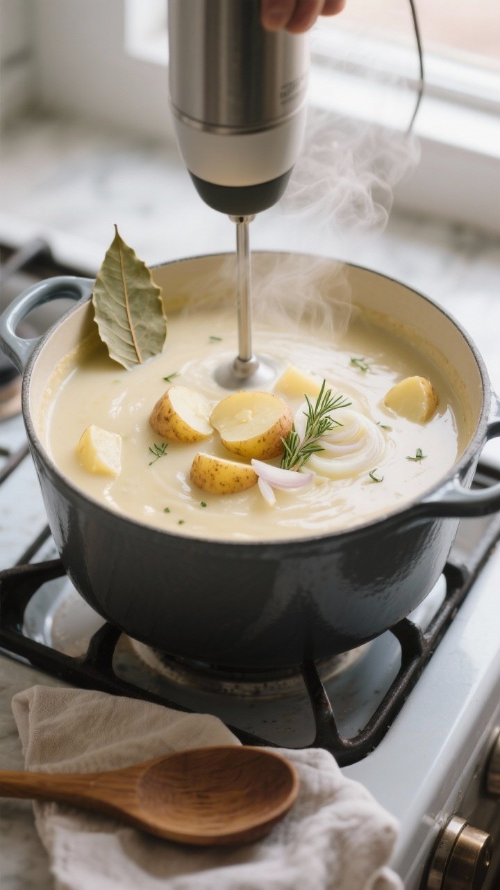 Cooking process, close-up detail: Silky potato soup being blended directly in a Dutch oven with an i