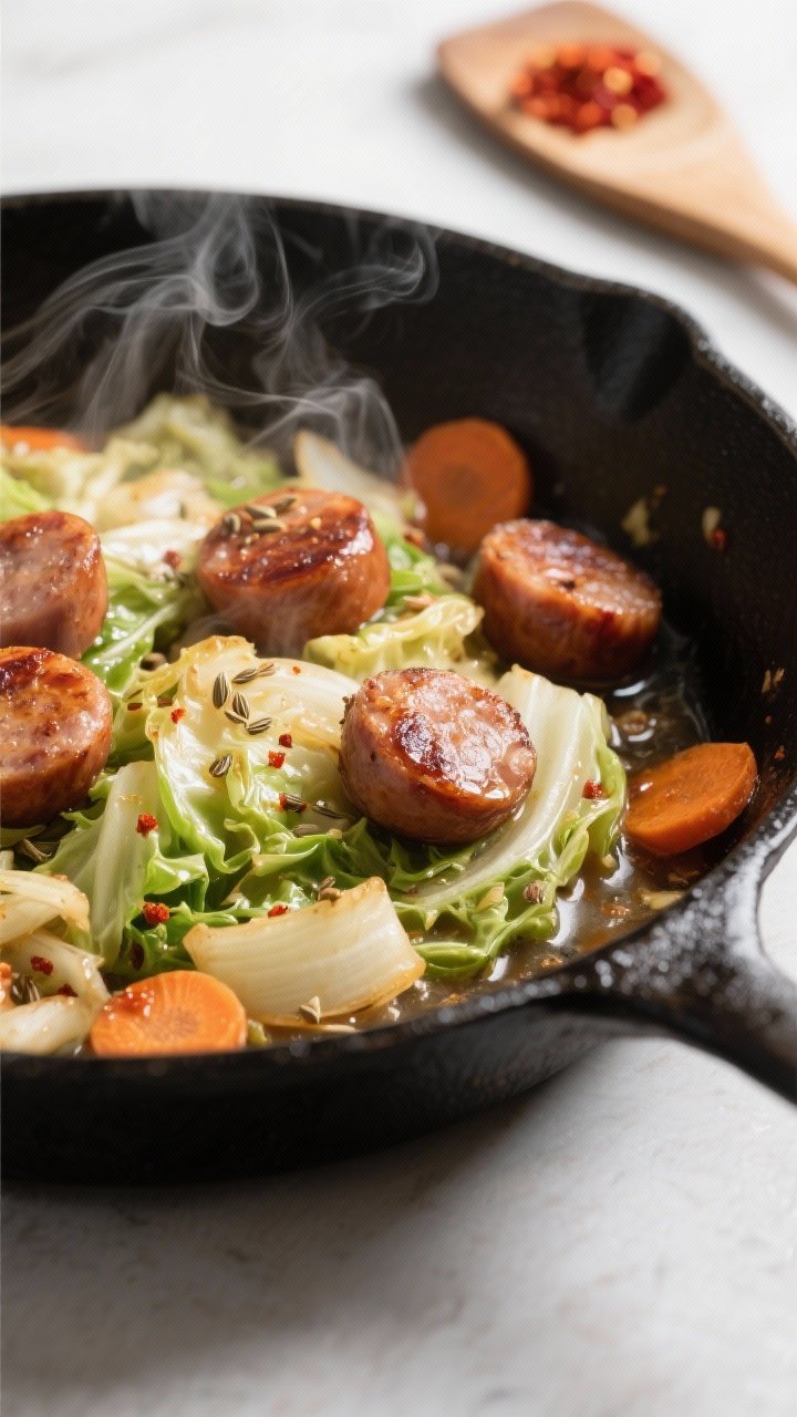 Cooking process, close-up detail: Sizzling cabbage & sausage skillet mid-cook — browned smoked kie