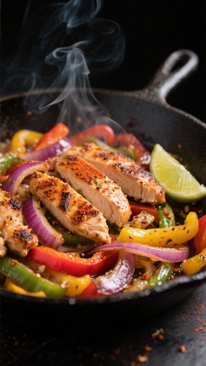 Cooking process, close-up detail: Sizzling chicken fajitas in a large cast-iron skillet, showing bro