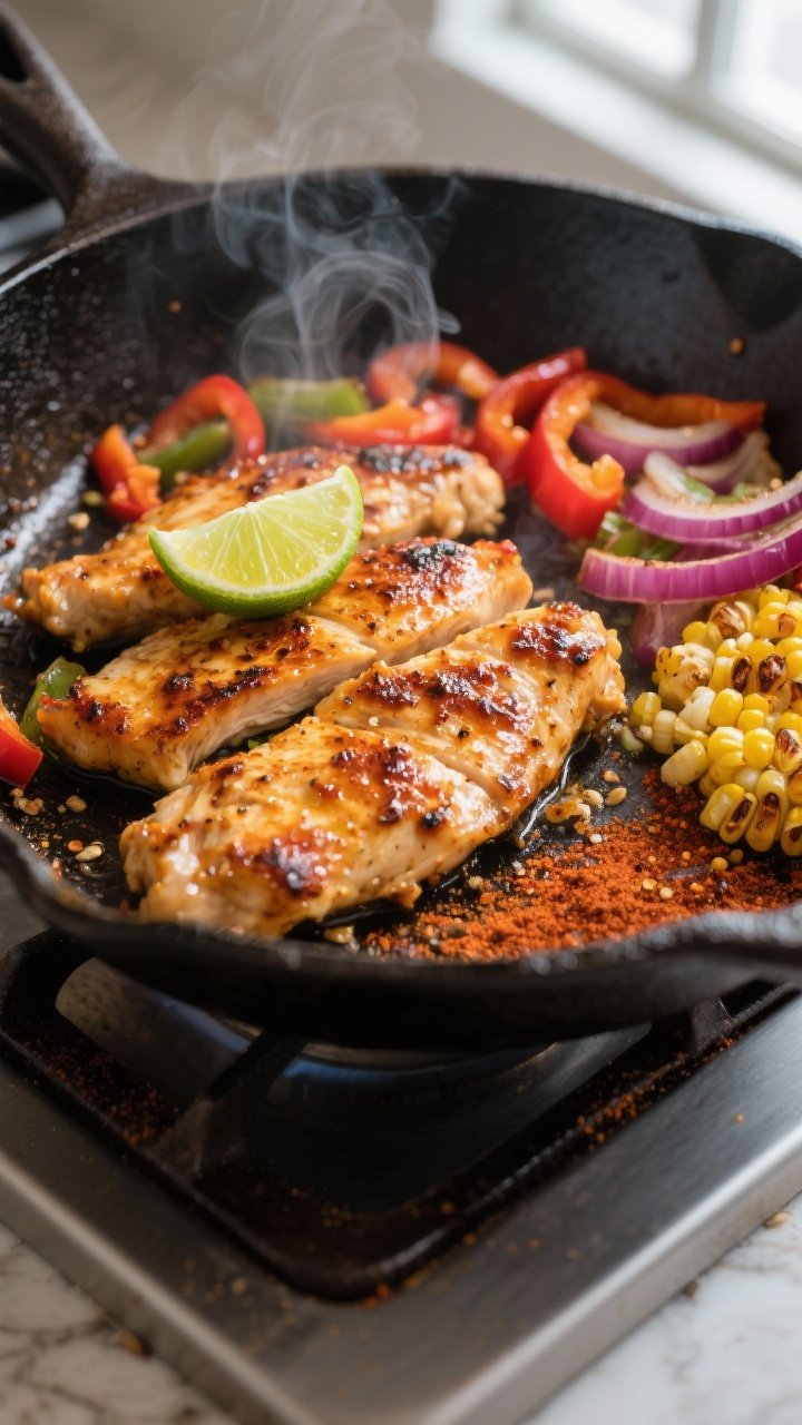 Cooking process, close-up detail: Sizzling chili-lime marinated chicken strips searing in a cast-iro