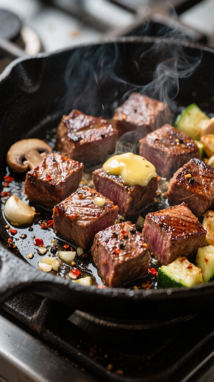 Cooking process, close-up detail: Sizzling garlic butter steak bites searing in a black cast-iron sk