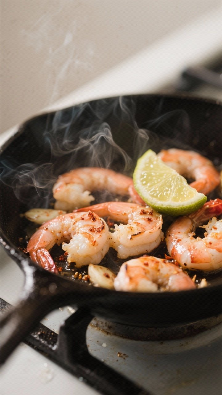 Cooking process, close-up detail: Sizzling garlic-lime shrimp in a cast-iron skillet, mid-cook, with
