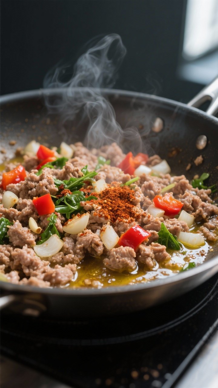 Cooking process, close-up detail: Sizzling ground turkey in a wide stainless skillet with translucen